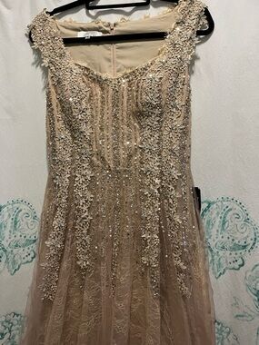 ✨Teri Jon by Rickie Freeman Champagne Lace & Sequin Gown – Luxury Showstopper